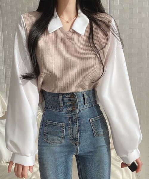 SallyLunn(サリーラン)の「ニットベストドッキング ブラウス(シャツ/ブラウス・レディース・ブラック/ブルー/ベージュ・LARGE/MEDIUM)」の10枚目の写真