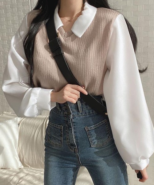 SallyLunn(サリーラン)の「ニットベストドッキング ブラウス(シャツ/ブラウス・レディース・ブラック/ブルー/ベージュ・LARGE/MEDIUM)」の11枚目の写真