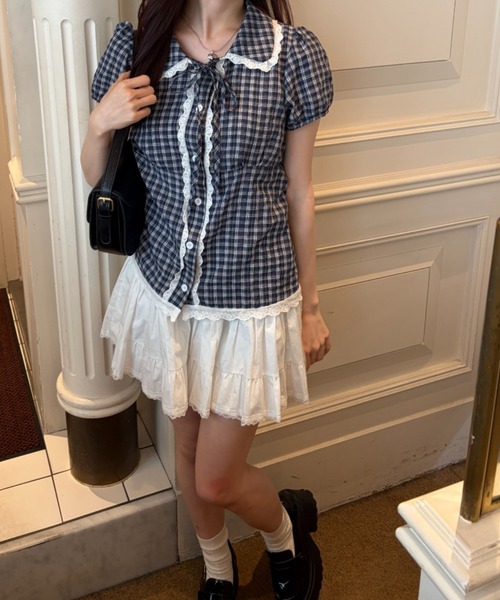 Loueme(ルエム)の「チェックレースブラウス(シャツ/ブラウス・レディース・ネイビー/アイボリー/ライトブルー・FREE)」の19枚目の写真