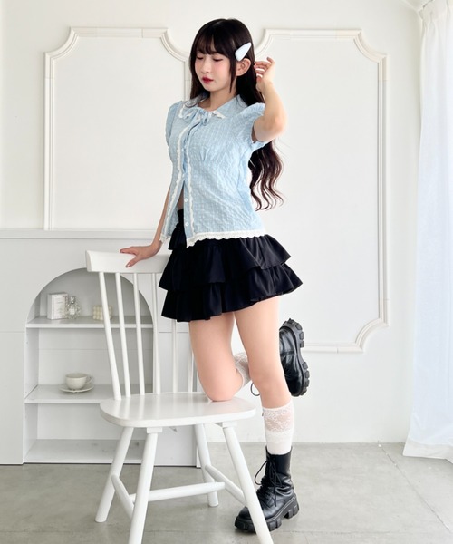 Loueme(ルエム)の「チェックレースブラウス(シャツ/ブラウス・レディース・ネイビー/アイボリー/ライトブルー・FREE)」の11枚目の写真