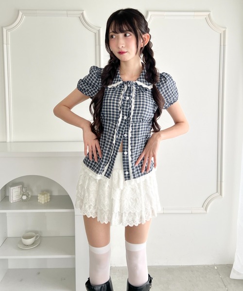 Loueme(ルエム)の「チェックレースブラウス(シャツ/ブラウス・レディース・ネイビー/アイボリー/ライトブルー・FREE)」の14枚目の写真