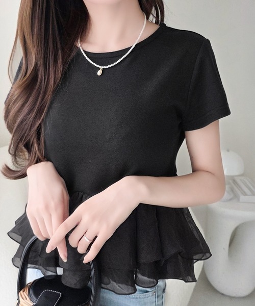 mily bilet(ミウィビレット)の「【mily bilet】可憐に揺れて、ときめきを纏う♪前後2wayペプラム切替フリルデザインTシャツ(半袖)(Tシャツ/カットソー・レディース・ブルー/ブラック/ホワイト・X-LARGE/SMALL/MEDIUM/LARGE)」の3枚目の写真