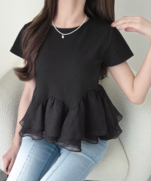 mily bilet(ミウィビレット)の「【mily bilet】可憐に揺れて、ときめきを纏う♪前後2wayペプラム切替フリルデザインTシャツ(半袖)(Tシャツ/カットソー・レディース・ブルー/ブラック/ホワイト・X-LARGE/SMALL/MEDIUM/LARGE)」の11枚目の写真