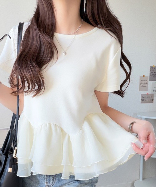 mily bilet(ミウィビレット)の「【mily bilet】可憐に揺れて、ときめきを纏う♪前後2wayペプラム切替フリルデザインTシャツ(半袖)(Tシャツ/カットソー・レディース・ブルー/ブラック/ホワイト・X-LARGE/SMALL/MEDIUM/LARGE)」の4枚目の写真