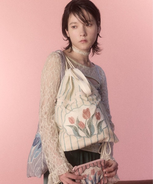 Casselini（キャセリーニ）の「Casselini(キャセリーニ)レースチューリップナップサック（バックパック/リュック・レディース・ピンク/グレー/アイボリー・FREE）」の2枚目の写真