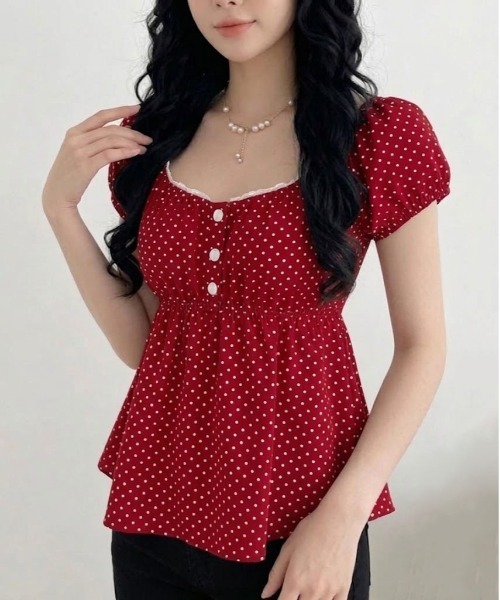 SHEPP(シープ)の「ドット柄パフスリーブスクエアネックフロントボタンブラウス(シャツ/ブラウス・レディース・ブラック/レッド/ホワイト・S/M)」の21枚目の写真