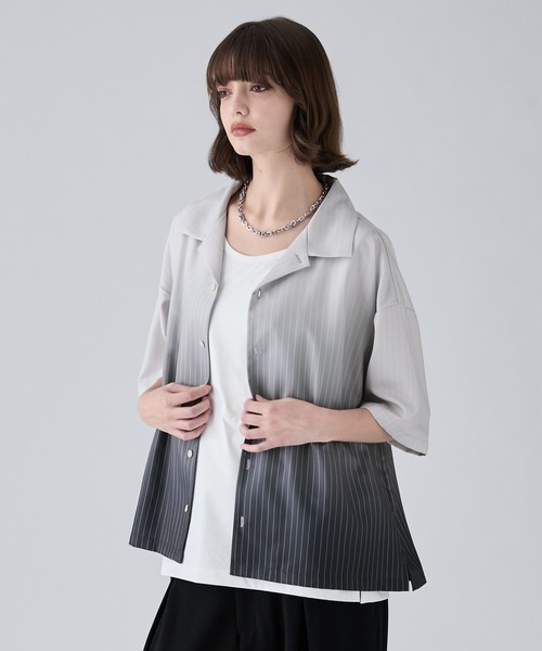 VELNUS(ベルナス)の「【VELNUS】Cool-Touch Beautiful Gradient Stripe Open-Collar Short-Sleeve Shirt/〈接触冷感付き〉ビューティフルグラデーションストライプ半袖オープンカラーシャツ(シャツ/ブラウス・メンズ・サックスブルー/ブラック・L/M/S)」の8枚目の写真