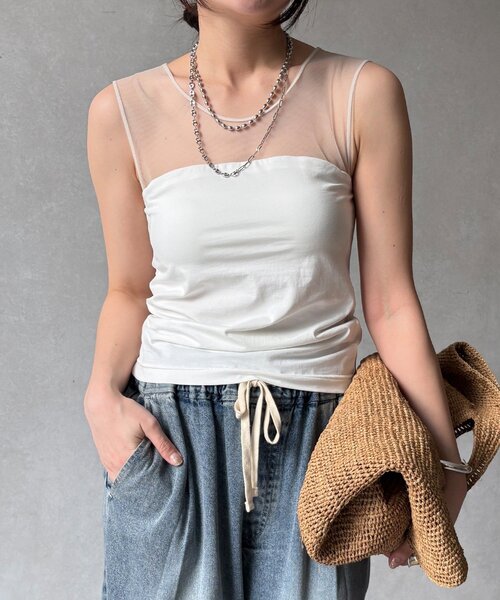 DouDou（ドゥドゥ）の「【WEB限定】カップ付チュール切替タンク（タンクトップ・レディース・ブラック/オフホワイト・FREE）」の4枚目の写真