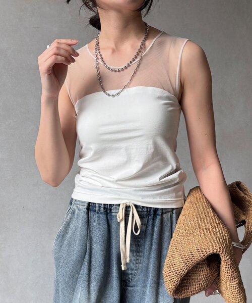 DouDou（ドゥドゥ）の「【WEB限定】カップ付チュール切替タンク（タンクトップ・レディース・ブラック/オフホワイト・FREE）」の5枚目の写真