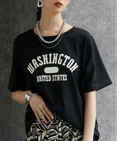 Soiunique（スワユニーク）の「【接触冷感・吸水速乾】　カレッジロゴデザイン半袖Ｔシャツ　［Soiunique］（Tシャツ/カットソー・レディース・ブラウン/ネイビー/ブラック・M/L/LL）」の10枚目の写真