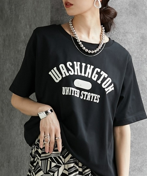 Soiunique（スワユニーク）の「【接触冷感・吸水速乾】　カレッジロゴデザイン半袖Ｔシャツ　［Soiunique］（Tシャツ/カットソー・レディース・ブラウン/ネイビー/ブラック・M/L/LL）」の9枚目の写真