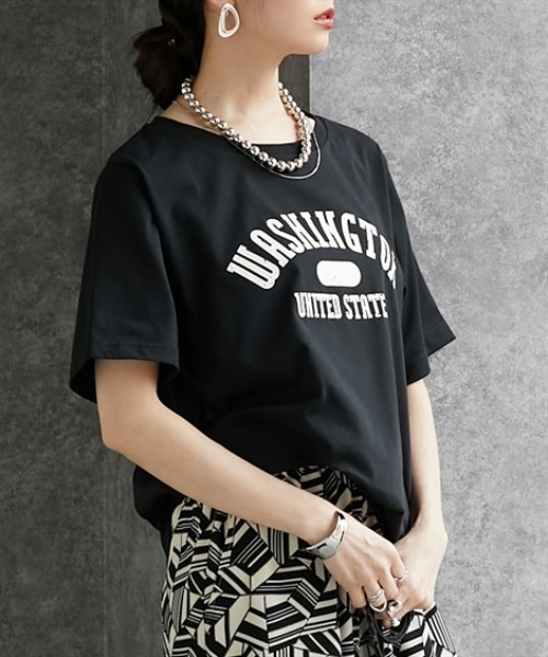 Soiunique（スワユニーク）の「【接触冷感・吸水速乾】　カレッジロゴデザイン半袖Ｔシャツ　［Soiunique］（Tシャツ/カットソー・レディース・ブラウン/ネイビー/ブラック・M/L/LL）」の6枚目の写真