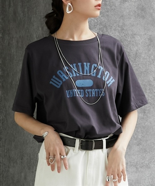 Soiunique（スワユニーク）の「【接触冷感・吸水速乾】　カレッジロゴデザイン半袖Ｔシャツ　［Soiunique］（Tシャツ/カットソー・レディース・ブラウン/ネイビー/ブラック・M/L/LL）」の4枚目の写真