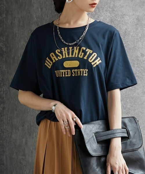 Soiunique（スワユニーク）の「【接触冷感・吸水速乾】　カレッジロゴデザイン半袖Ｔシャツ　［Soiunique］（Tシャツ/カットソー・レディース・ブラウン/ネイビー/ブラック・M/L/LL）」の22枚目の写真
