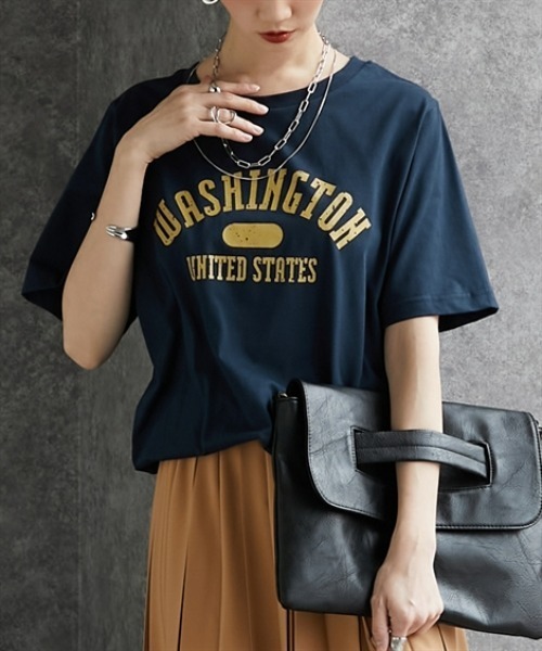 Soiunique（スワユニーク）の「【接触冷感・吸水速乾】　カレッジロゴデザイン半袖Ｔシャツ　［Soiunique］（Tシャツ/カットソー・レディース・ブラウン/ネイビー/ブラック・M/L/LL）」の21枚目の写真