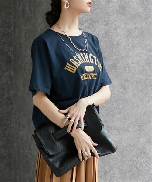 Soiunique（スワユニーク）の「【接触冷感・吸水速乾】　カレッジロゴデザイン半袖Ｔシャツ　［Soiunique］（Tシャツ/カットソー・レディース・ブラウン/ネイビー/ブラック・M/L/LL）」の19枚目の写真