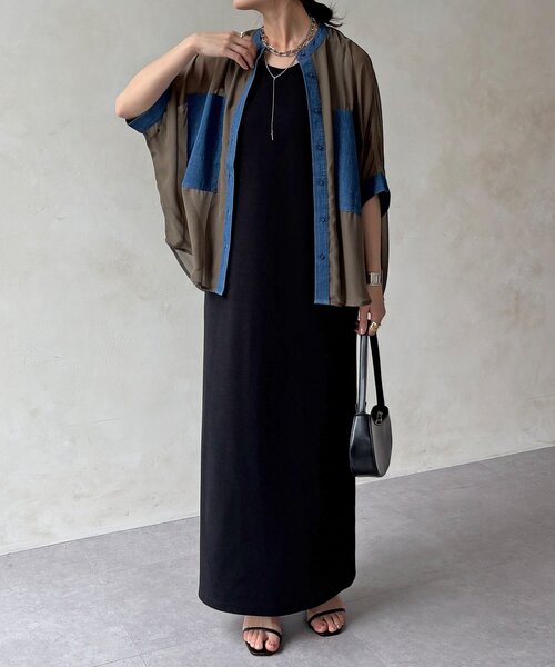 DouDou(ドゥドゥ)の「【WEB限定】デニム切替シアーシャツ(シャツ/ブラウス・レディース・チャコールグレー/カーキ・FREE)」の8枚目の写真