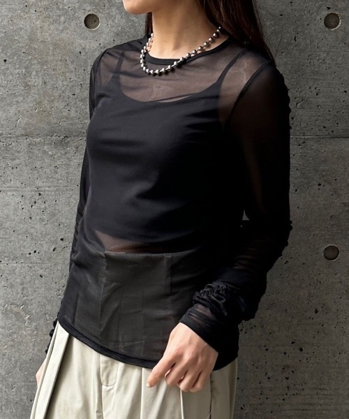 CIEL'AIR(シエルエアー)の「SHEER SHIRRING PO(シアーシャーリングプルオーバー)(Tシャツ/カットソー・レディース・ブラック/オフホワイト・FREE)」の2枚目の写真