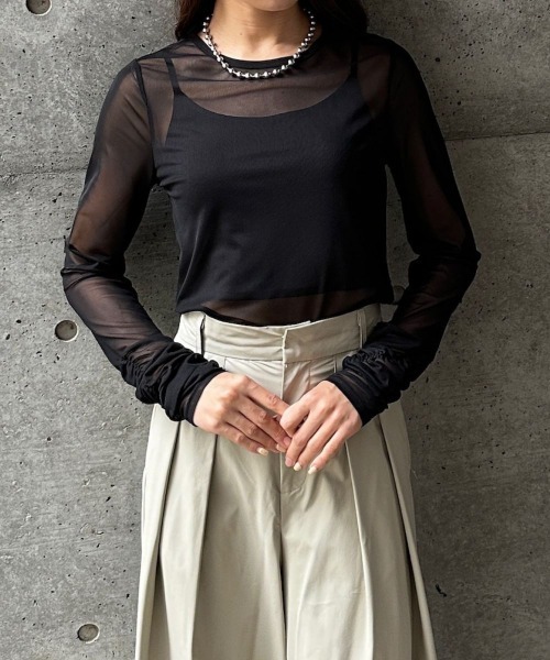 CIEL'AIR(シエルエアー)の「SHEER SHIRRING PO(シアーシャーリングプルオーバー)(Tシャツ/カットソー・レディース・ブラック/オフホワイト・FREE)」の10枚目の写真
