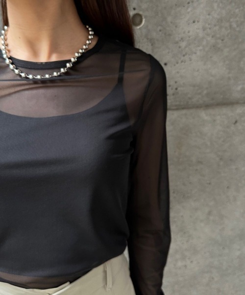 CIEL'AIR(シエルエアー)の「SHEER SHIRRING PO(シアーシャーリングプルオーバー)(Tシャツ/カットソー・レディース・ブラック/オフホワイト・FREE)」の12枚目の写真