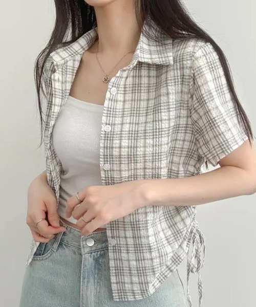 SHEPP(シープ)の「サイドリボンシャーリングチェックシャツ(シャツ/ブラウス・レディース・グレー/アイボリー/ブラック/グリーン・M/L)」の8枚目の写真