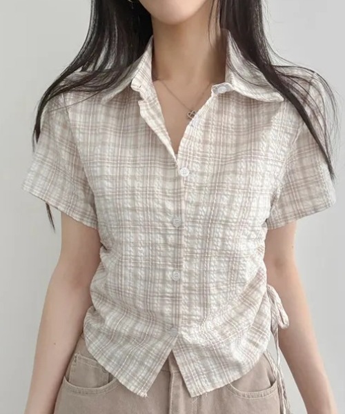 SHEPP(シープ)の「サイドリボンシャーリングチェックシャツ(シャツ/ブラウス・レディース・グレー/アイボリー/ブラック/グリーン・M/L)」の16枚目の写真