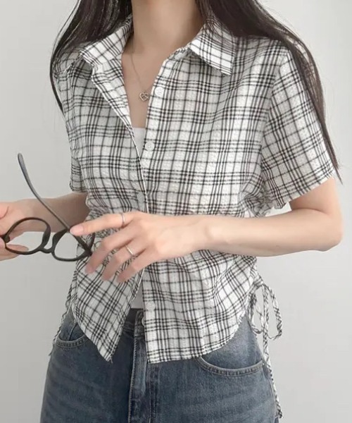 SHEPP(シープ)の「サイドリボンシャーリングチェックシャツ(シャツ/ブラウス・レディース・グレー/アイボリー/ブラック/グリーン・M/L)」の13枚目の写真