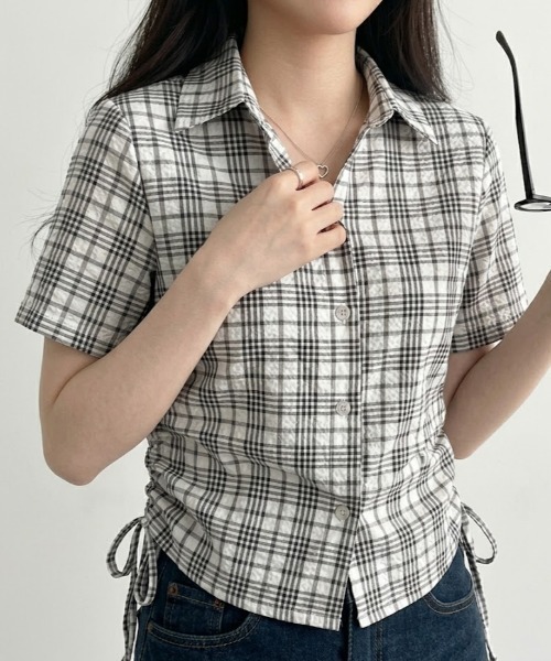 SHEPP(シープ)の「サイドリボンシャーリングチェックシャツ(シャツ/ブラウス・レディース・グレー/アイボリー/ブラック/グリーン・M/L)」の11枚目の写真