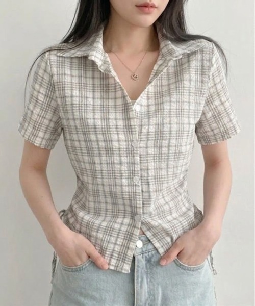 SHEPP(シープ)の「サイドリボンシャーリングチェックシャツ(シャツ/ブラウス・レディース・グレー/アイボリー/ブラック/グリーン・M/L)」の9枚目の写真