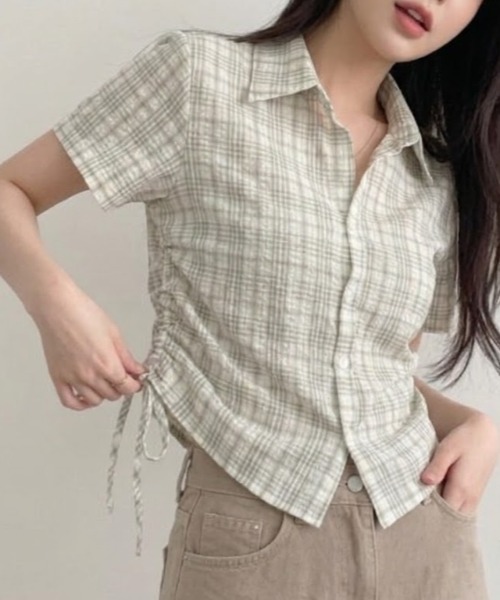SHEPP(シープ)の「サイドリボンシャーリングチェックシャツ(シャツ/ブラウス・レディース・グレー/アイボリー/ブラック/グリーン・M/L)」の6枚目の写真