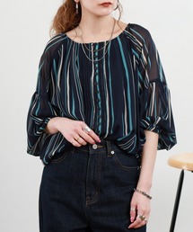 EGLANTINE セットアップ対応 ストライププリントブラウス 半端袖