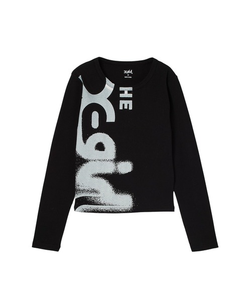 X-girl(エックスガール)の「HEAVY DISTRESSED LOGO L/S BABY TEE(Tシャツ/カットソー・レディース・ブラック/オリーブ/ブラウン・S/M)」の1枚目の写真