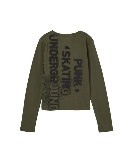 X-girl(エックスガール)の「HEAVY DISTRESSED LOGO L/S BABY TEE(Tシャツ/カットソー・レディース・ブラック/オリーブ/ブラウン・S/M)」の4枚目の写真