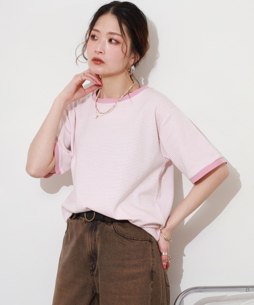Re:EDIT(リエディ)の「細ボーダーコンパクトTシャツ 半袖(Tシャツ/カットソー・レディース・ピンク/グリーン・FREE)」の1枚目の写真