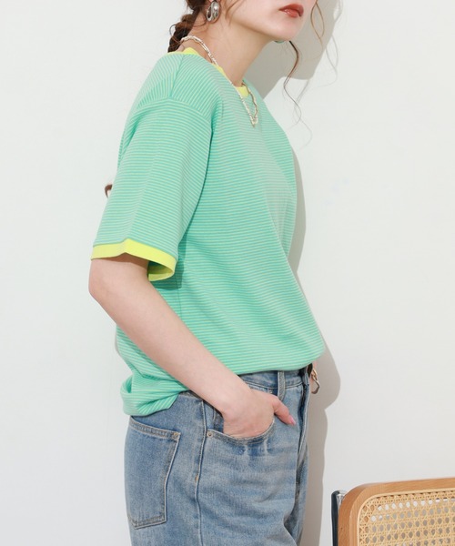 Re:EDIT(リエディ)の「細ボーダーコンパクトTシャツ 半袖(Tシャツ/カットソー・レディース・ピンク/グリーン・FREE)」の16枚目の写真