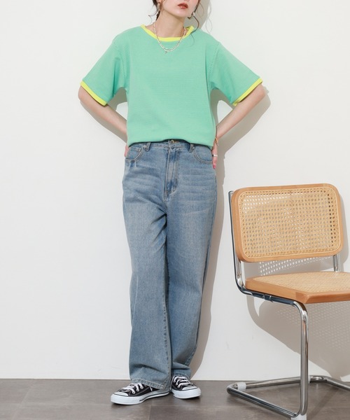 Re:EDIT(リエディ)の「細ボーダーコンパクトTシャツ 半袖(Tシャツ/カットソー・レディース・ピンク/グリーン・FREE)」の15枚目の写真