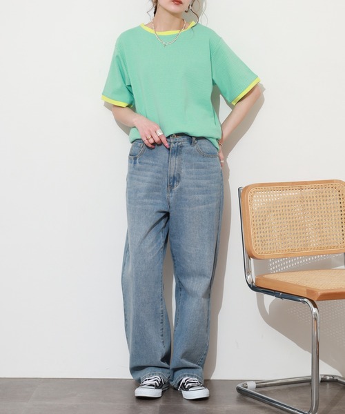Re:EDIT(リエディ)の「細ボーダーコンパクトTシャツ 半袖(Tシャツ/カットソー・レディース・ピンク/グリーン・FREE)」の14枚目の写真