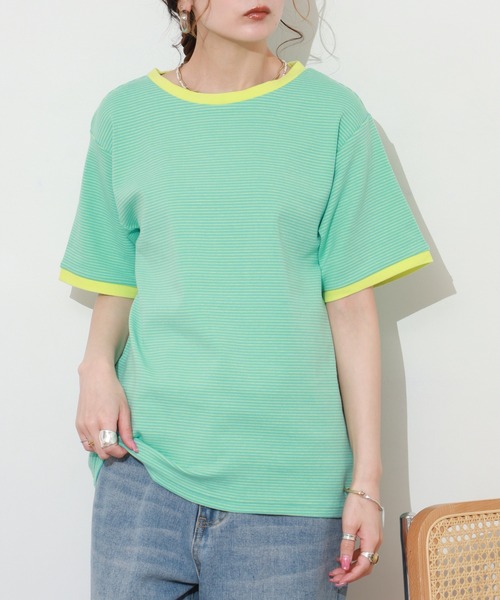 Re:EDIT(リエディ)の「細ボーダーコンパクトTシャツ 半袖(Tシャツ/カットソー・レディース・ピンク/グリーン・FREE)」の7枚目の写真