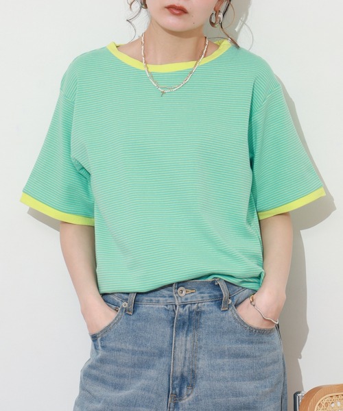 Re:EDIT(リエディ)の「細ボーダーコンパクトTシャツ 半袖(Tシャツ/カットソー・レディース・ピンク/グリーン・FREE)」の20枚目の写真
