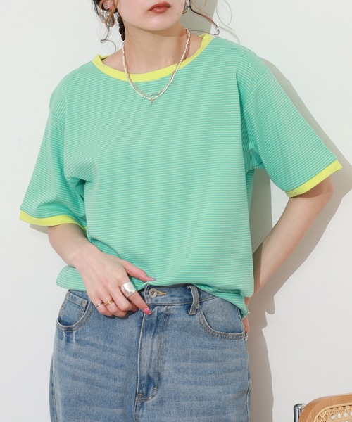 Re:EDIT(リエディ)の「細ボーダーコンパクトTシャツ 半袖(Tシャツ/カットソー・レディース・ピンク/グリーン・FREE)」の18枚目の写真