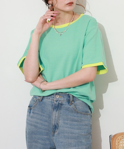 Re:EDIT(リエディ)の「細ボーダーコンパクトTシャツ 半袖(Tシャツ/カットソー・レディース・ピンク/グリーン・FREE)」の19枚目の写真