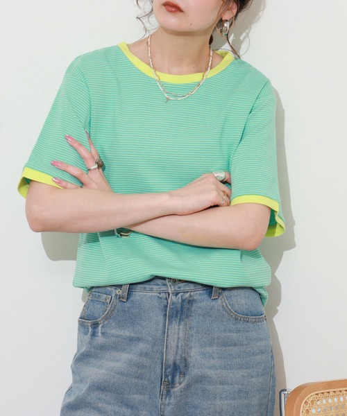 Re:EDIT(リエディ)の「細ボーダーコンパクトTシャツ 半袖(Tシャツ/カットソー・レディース・ピンク/グリーン・FREE)」の17枚目の写真