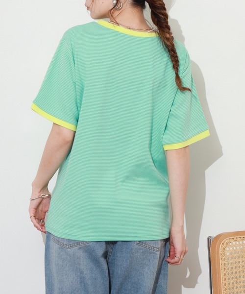 Re:EDIT(リエディ)の「細ボーダーコンパクトTシャツ 半袖(Tシャツ/カットソー・レディース・ピンク/グリーン・FREE)」の6枚目の写真
