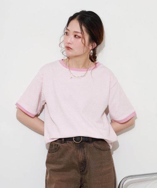 Re:EDIT(リエディ)の「細ボーダーコンパクトTシャツ 半袖(Tシャツ/カットソー・レディース・ピンク/グリーン・FREE)」の13枚目の写真