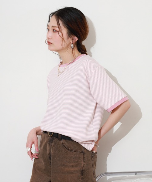 Re:EDIT(リエディ)の「細ボーダーコンパクトTシャツ 半袖(Tシャツ/カットソー・レディース・ピンク/グリーン・FREE)」の12枚目の写真