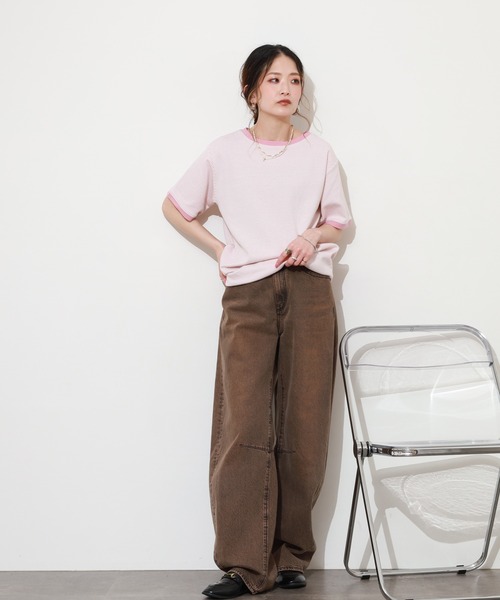 Re:EDIT(リエディ)の「細ボーダーコンパクトTシャツ 半袖(Tシャツ/カットソー・レディース・ピンク/グリーン・FREE)」の8枚目の写真