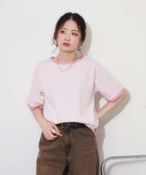 Re:EDIT(リエディ)の「細ボーダーコンパクトTシャツ 半袖(Tシャツ/カットソー・レディース・ピンク/グリーン・FREE)」の10枚目の写真