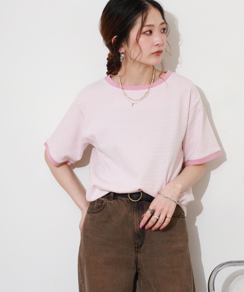 Re:EDIT(リエディ)の「細ボーダーコンパクトTシャツ 半袖(Tシャツ/カットソー・レディース・ピンク/グリーン・FREE)」の11枚目の写真