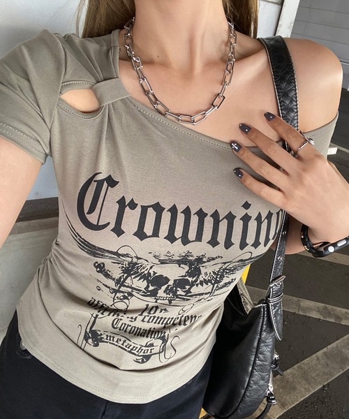 non-hedge(ノンヘッジ)の「スカルサイドドロストワンショルダーTシャツ(Tシャツ/カットソー・レディース・ブラック/グレー/カーキ/ワインレッド/オフホワイト・FREE)」の4枚目の写真