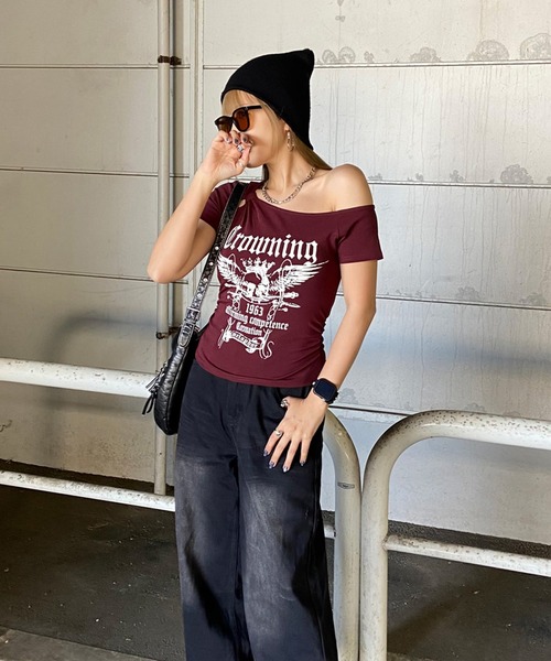 non-hedge(ノンヘッジ)の「スカルサイドドロストワンショルダーTシャツ(Tシャツ/カットソー・レディース・ブラック/グレー/カーキ/ワインレッド/オフホワイト・FREE)」の18枚目の写真